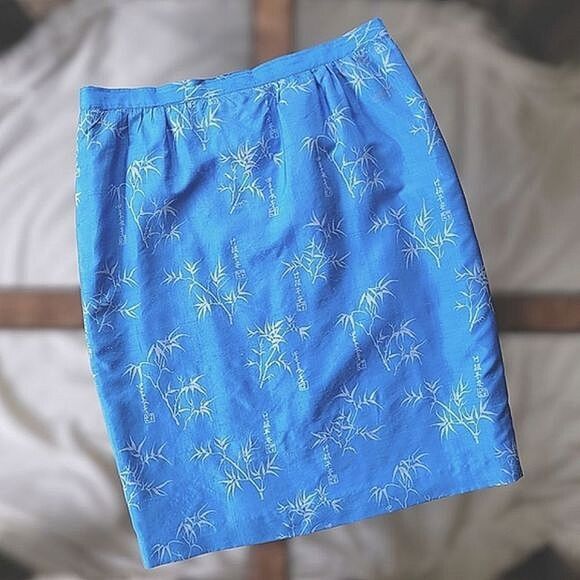 Vtg raw silk blue bamboo print skirt set - Picture 8 of 16
